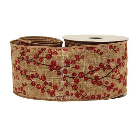 Natural Cotton Holly Berry Christmas Ribbon 63mm | Wholesale Dutch ...